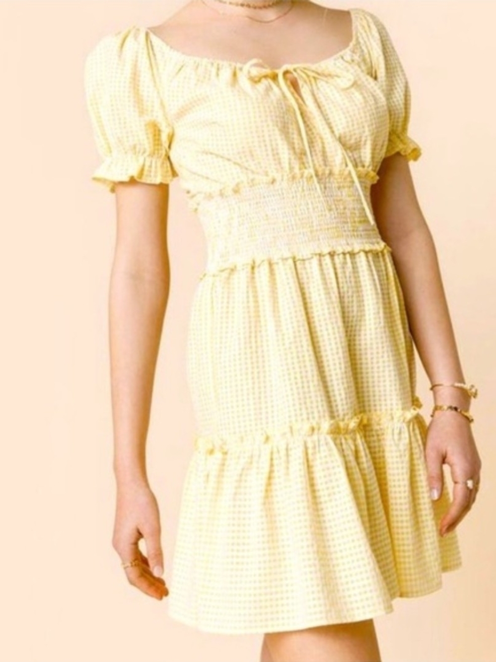 Mi Ami Bethanie Yellow White Gingham Smock Puff Sleeve Mini Dress S Cottagecore